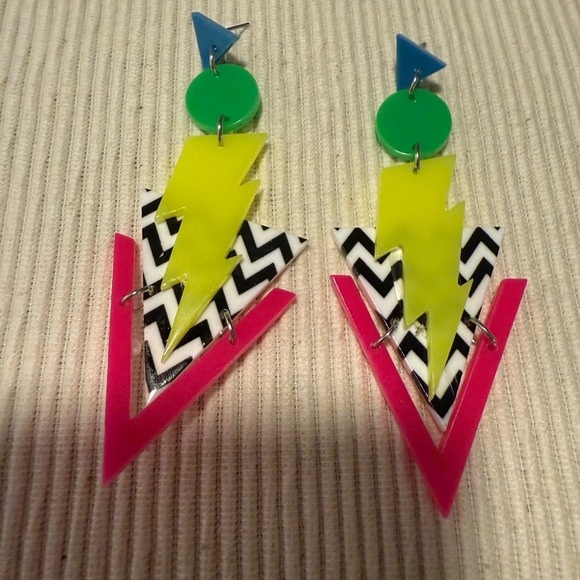 80’s Inspired Colorful Geometric Lightning Bolt Earrings - Picture 1 of 4
